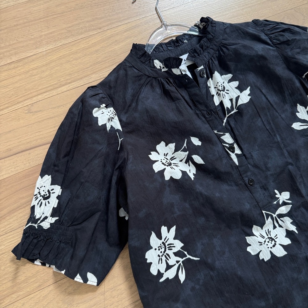 Apiece Apart Los Altos Top Womens Small Black Floral Ruffle Neck Puff Sleeve
